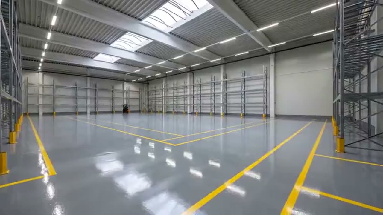 A wide warehouse floor marked with yellow lane lines